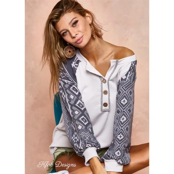 LAST 1! French Terry Super Soft Aztec Sleeve Henley! - Picture 1 of 10